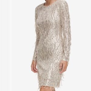 Eliza J Metallic Long Sleeve Fringe Dress